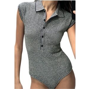 NWT Zara Women’s Navy and White Striped Bodysuit in a Size Large